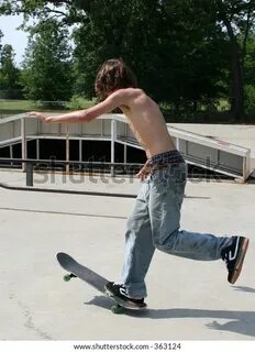 Teen Boy Shirtless Jeans Skateboarding Outdoor Foto Stok 363