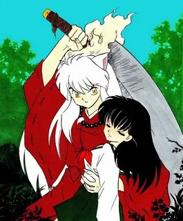 Inuyasha protects the unconscious Kagome in his arm with his