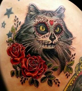 Day of the Dead Kitty... Lovely Cat skull tattoo, Sugar skull tattoos, Skull tat