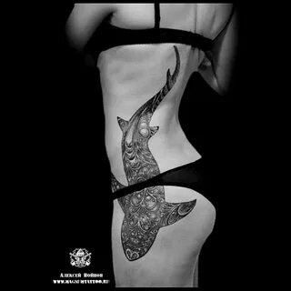 Shark tattoo on side black and grey by Aleksey Voynov Татуировки С Акулами,...