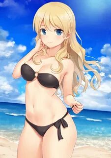 Safebooru - 1girl alternate hairstyle bandeau beach bikini b