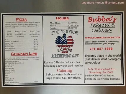 Menu at Bubba's pizzeria, Greensburg