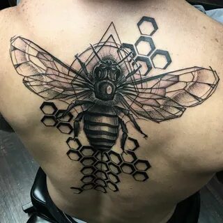 Geometric and Blackwork Style Bee Back Tattoo by David Musha