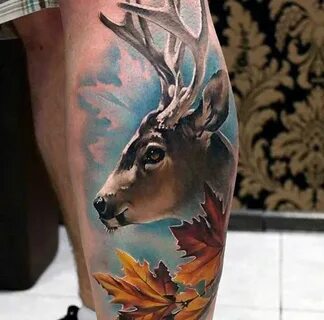 Full Color Mens Leg Calf Deer Tattoo With Blue Sky And Orang