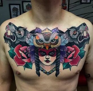 Chest Tattoo // 30+ Beautifully Colourful Traditional Tattoo