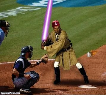 Funny baseball Jedi batting with lightsaber. ⚾ Baseball Humo