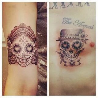 Mine and my partners sugar skull tattoos :) Sleeve tattoos, 