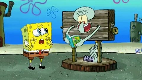 Squidward in stocks with SpongeBob about to cry scene ScumBo