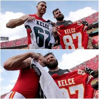 Travis & Jason Kelce enjoy a moment after the Chiefs and Eag