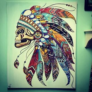 Indian skull headdress. Aztec feathers beauty canvas acrylic