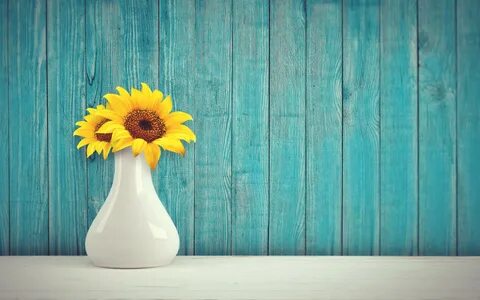 Sunflowers Wallpaper 4K, Flower vase, Wooden background, Tea