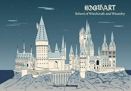 Vector background of Hogwarts castle. Harry potter silhouett