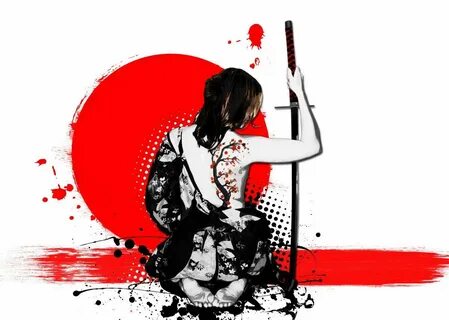 Katana brunette girl japanese tattoo art 24x18 print poster