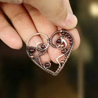 Wire wrapped pendant - Heart pendant - Garnet pendant - Copp