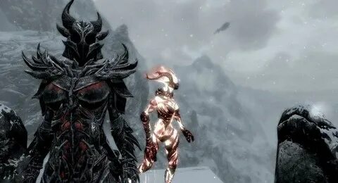 Female Daedric Armor Set, with Flame Atronach and Dragon in 