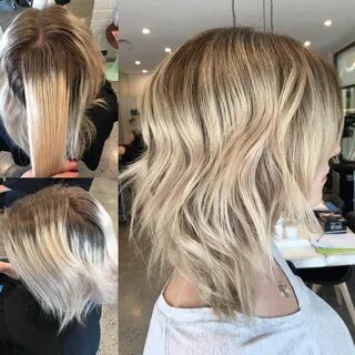 Before and after blending her blonde with a natural root col