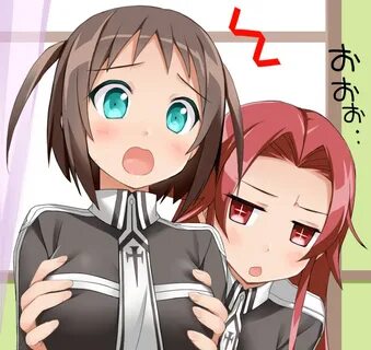 Safebooru - 1girl 2girls :o blue eyes blush breast grab brea