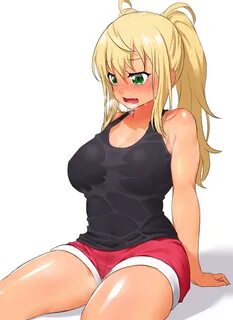 Safebooru - 1girl bare shoulders black tank top blonde hair 