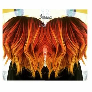 Purple roots to red orange and neon yellow flame /sunset Bal