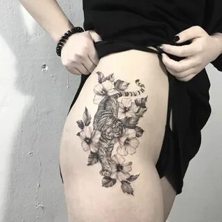 Hibiscus Tiger 무궁화와 호랑이 Hip tattoos women, Thigh tattoos wom