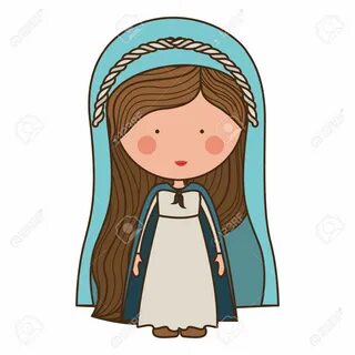 cartoon virgin mary woman smiling and wearing blue mantle over white backgr...