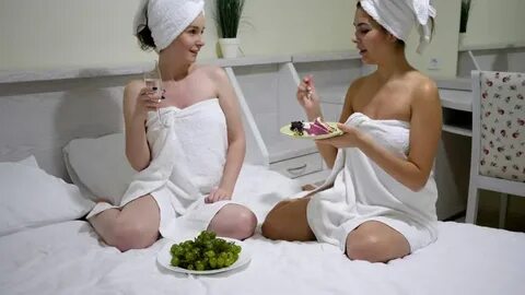 girlfriends bath towels after shower drink: стоковое видео (
