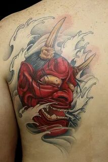American Traditional Japanese Mask Tattoo