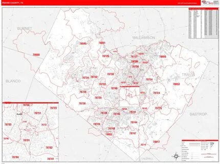 Travis County, TX Zip Code Wall Map Red Line Style by Market