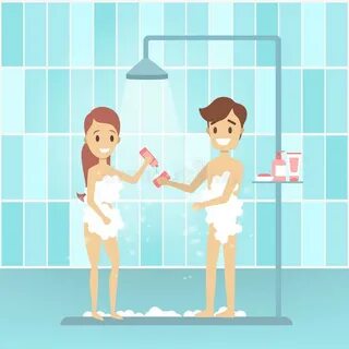 Young Man and Woman Take Shower in the Bathroom Stock Vector