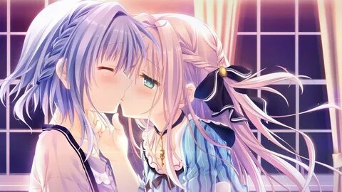 asuka_minato blonde_hair blue_hair blush bow choker game_cg green_eyes kiss...