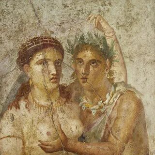 Fresco showing a satyr and maenad in an intimate embrace. House of Lucius Caecil