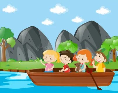 Kids rowing boat in river stock vector. Illustration of natu