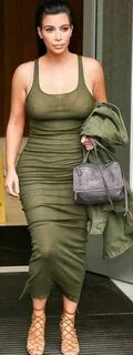 Who made Kim Kardashian’s tan suede sandals, green ribbed ma