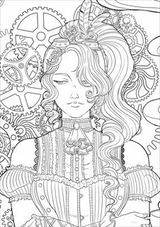 Steampunk woman with coffee Version 3 - Vintage Coloring Pag