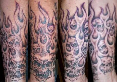 Flaming_skulls Skull sleeve tattoos, Skull sleeve, Flame tat