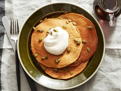 Pumpkin Pancakes with Maple Syrup and Nutmeg Whipped Cream R