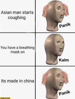 Asian man starts coughing, panic, you have mask on, calm, it