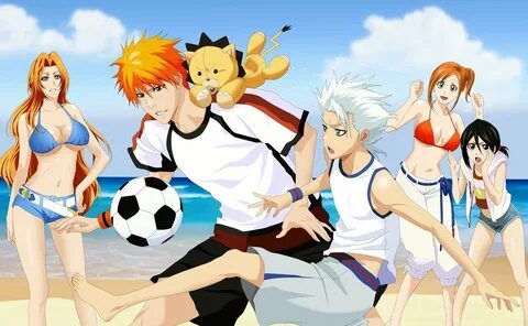 Анимешные персонажи играют в футбол на пляже Обои на рабочий