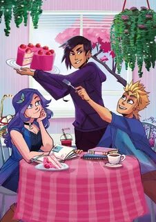 Stardew Valley art Sebastian , Abigail , & Sam having a pink