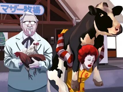 Safebooru - 2boys afro bird chicken colonel sanders cow cree