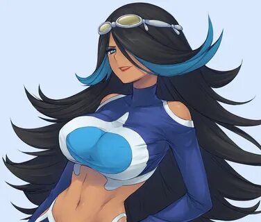 Safebooru - 1girl black hair blue eyes blue hair breasts cro