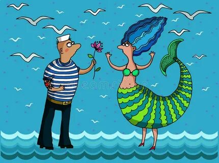 Mermaid and a Sailor in Love Stock Illustration - Illustrati