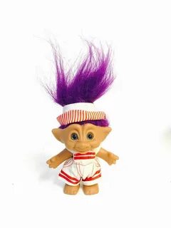 Vintage 80s troll doll purple hair red and white striped ove