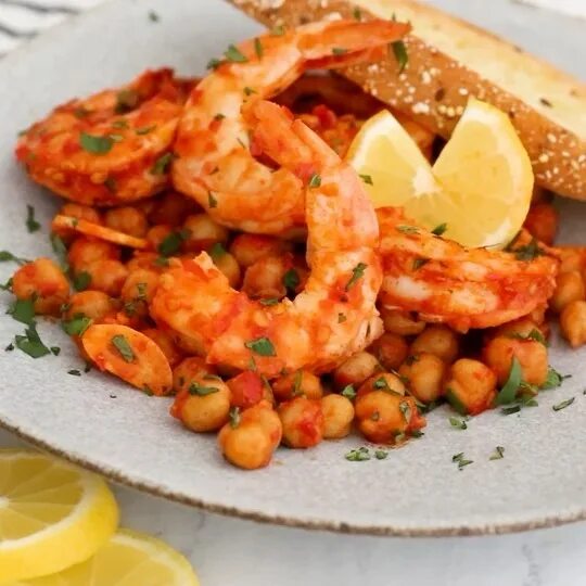 Harissa Shrimp and Chickpea dish is super fast, made all in one skillet, an...