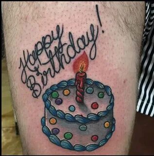 Happy birthday cake color traditional tattoo by female artis