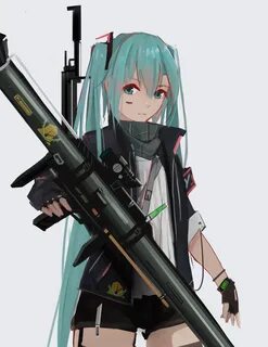 Safebooru - 1girl absurdres aqua eyes aqua hair bazooka fing