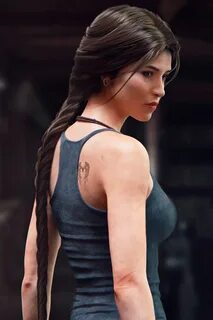 Wallpaper : Lara Croft, tattoo, skinny, long hair, purple ey