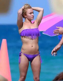 Hayden Panettiere booty wearing violet tube bikini at a beac