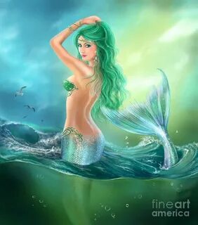 Beautiful Woman Mermaid Fantasy At Ocean On Waves by Alena L