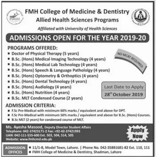 Admission Open in FMH College of Medicine and Dentistry 21 S